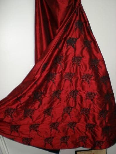 Red Silk Fabric with Black Rose Embroidery